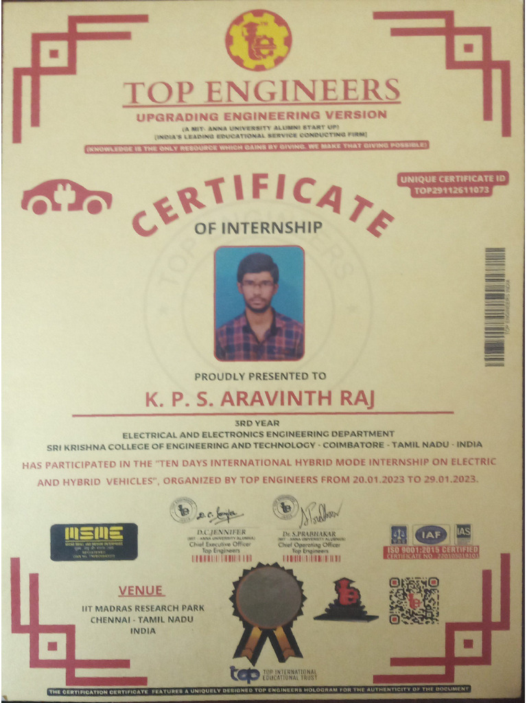 20euee009 Aravinth Raj Internship | PDF