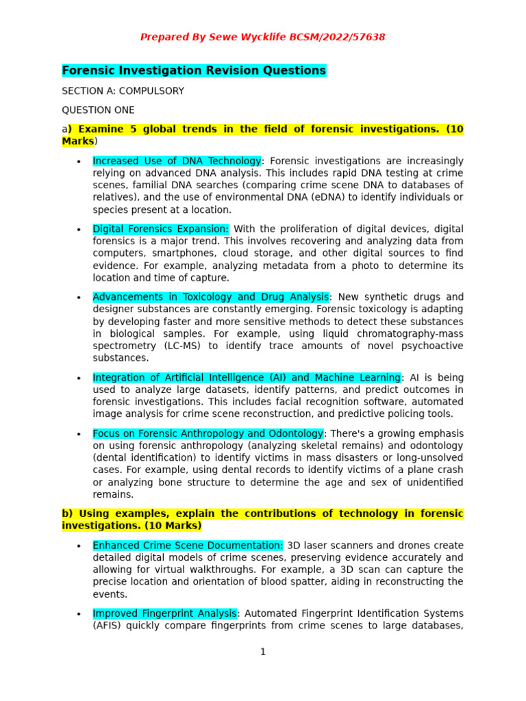 Forensic Investigation Revision Questions | PDF | Crime Scene | Dna ...