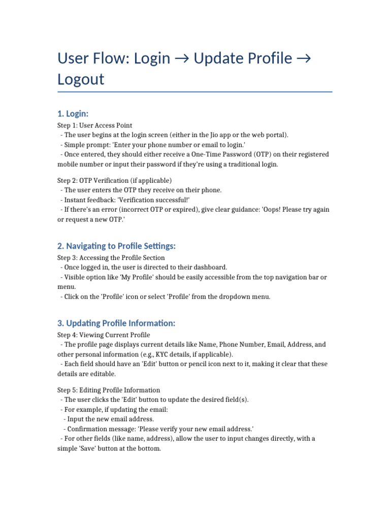 Jio Login Update Profile Logout Flow | PDF | Login | Computing