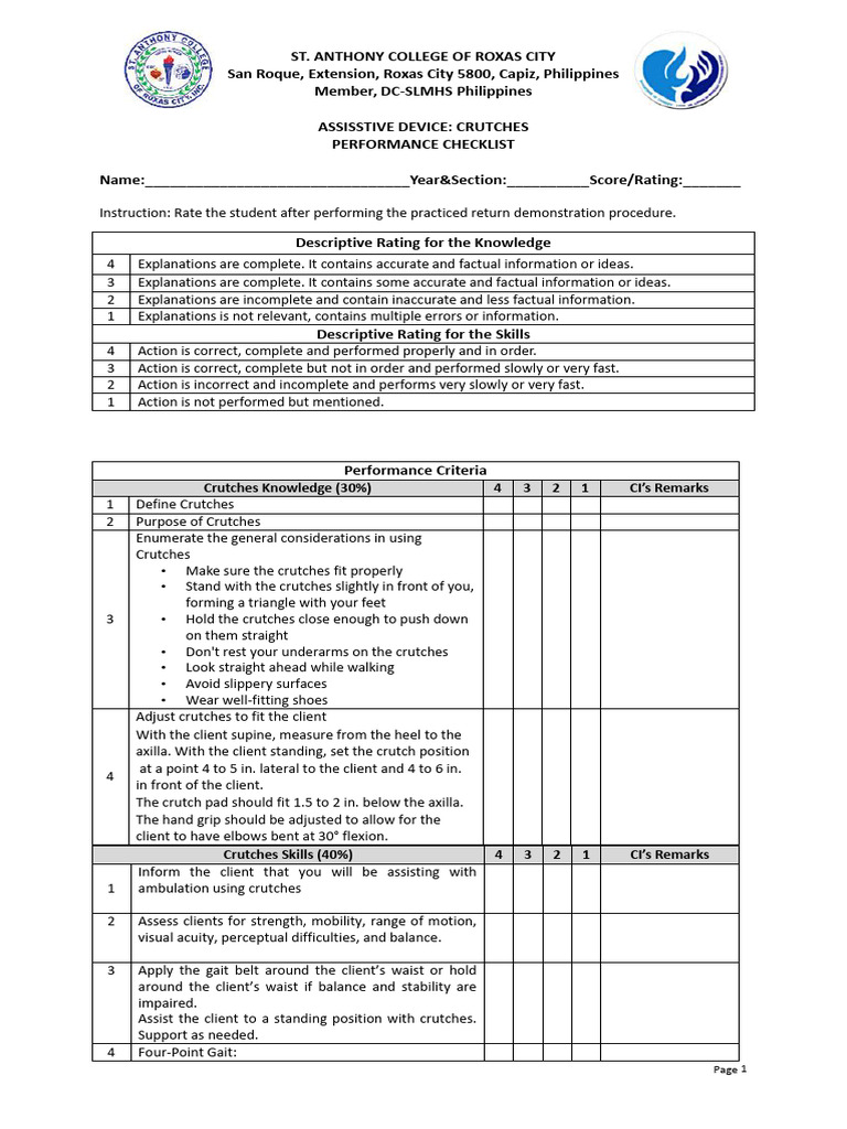 ASSISTIVE DEVICE Performance Checklist | PDF | Walking | Cerebral Palsy
