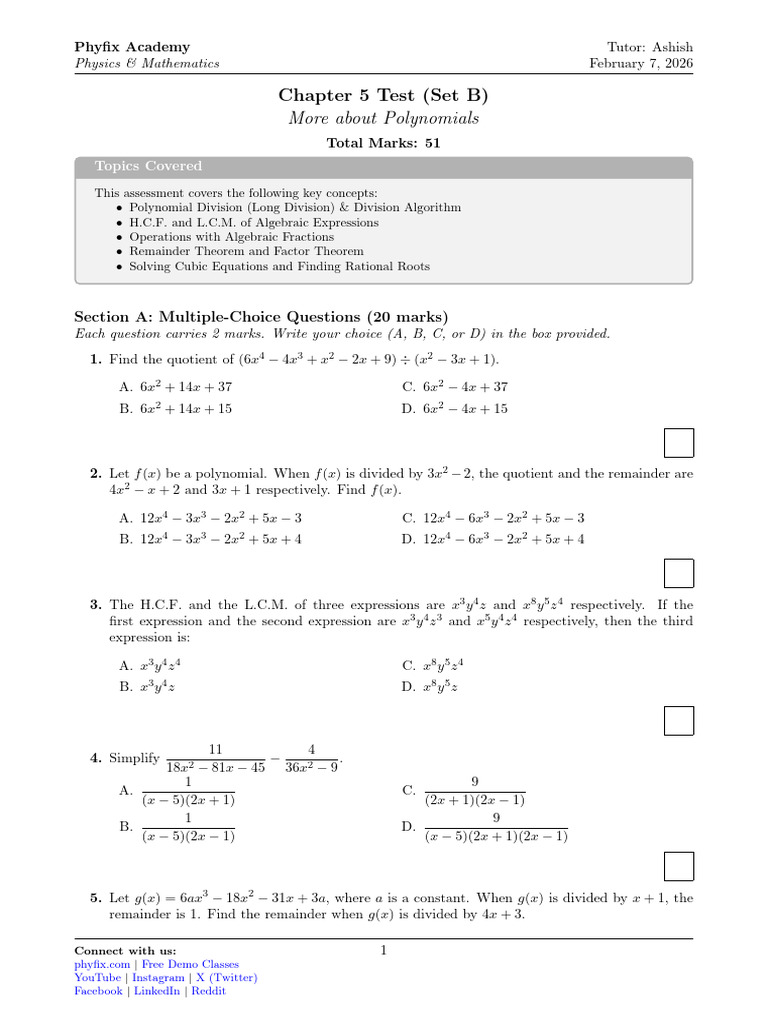 Chapter 5 Test (Set B) More About Polynomials Total Marks- 51 | PDF ...