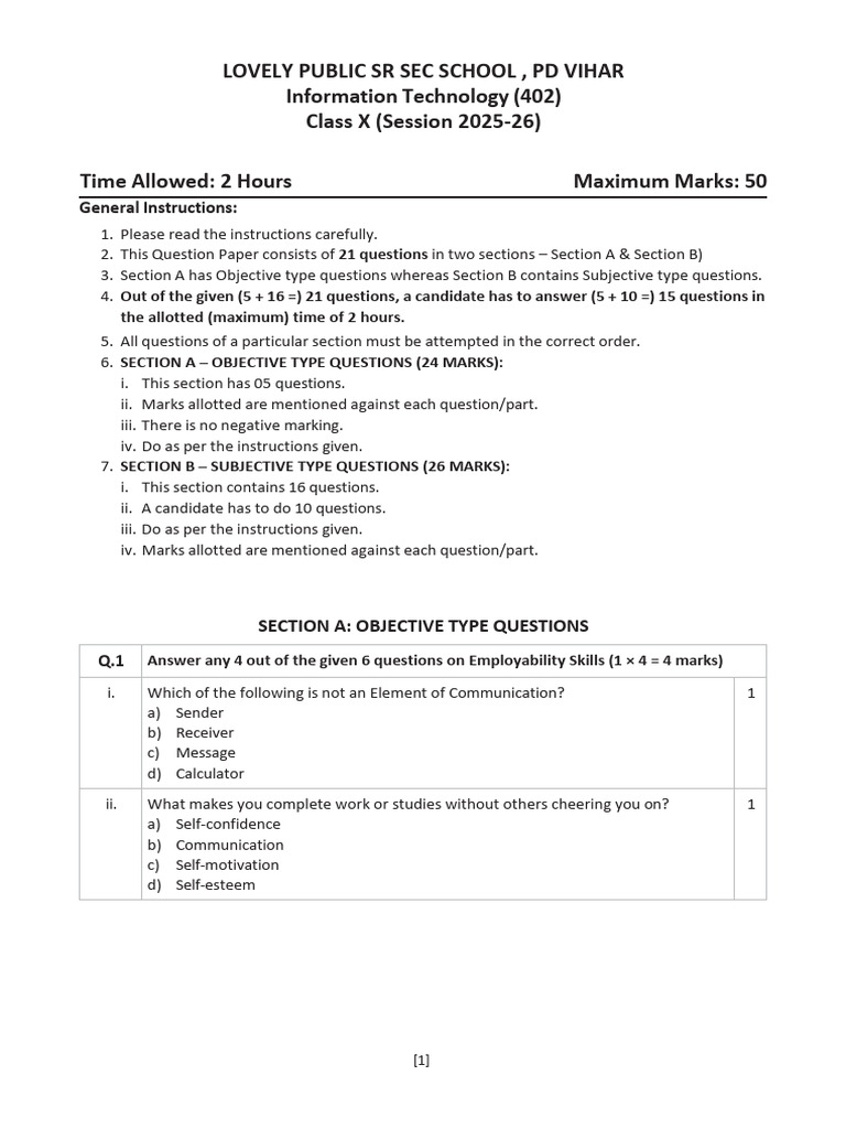 Class X - Mock Paper - 28 Jan - It | PDF | Spreadsheet | Databases
