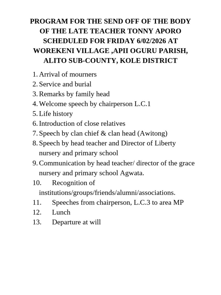 Program for the Send Off the Body of the Late Teacher Tonny Aporo ...