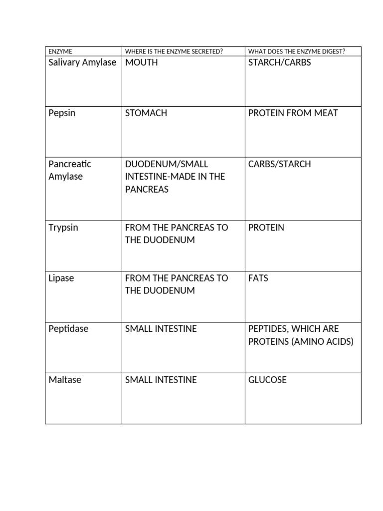 Enzyme Table Completed | PDF