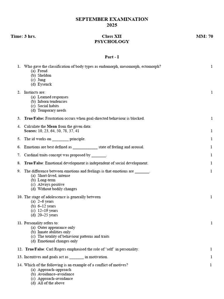 XII Psychology Practice Paper | PDF