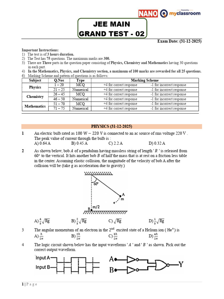 SR Jee Main GT 02-31-12 2025 QP With Solutions | PDF | Inductance ...