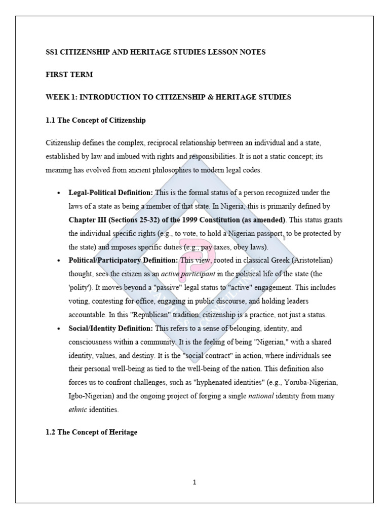 SS1 Citizenship and Heritage Studies Lesson Notes | PDF | Citizenship ...