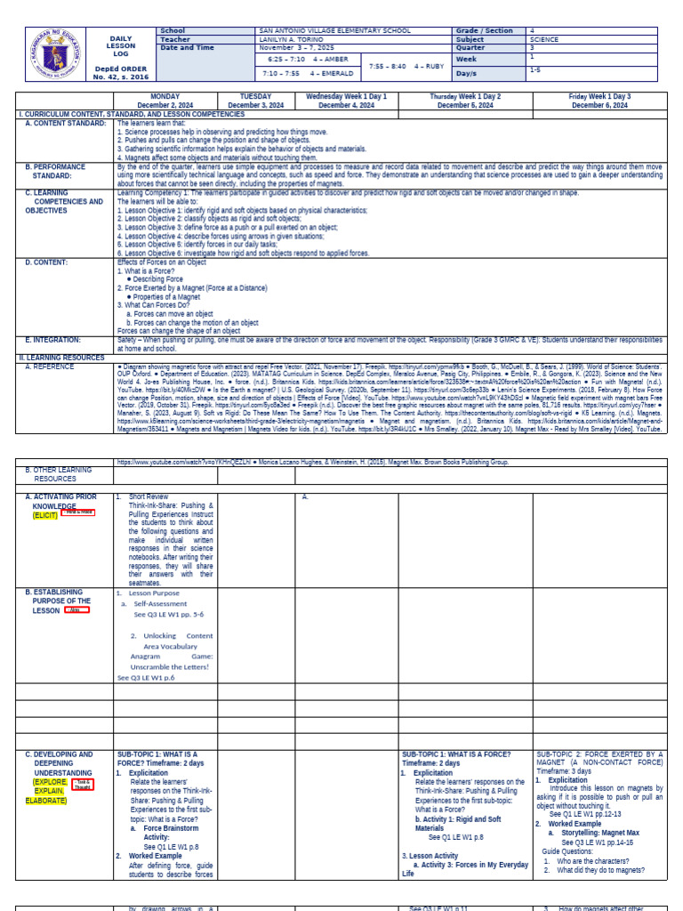 Science 4 DLL Q3 Week 1 | PDF | Force | Learning