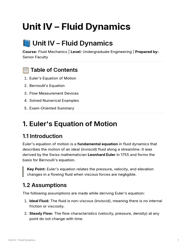 Unit IV Fluid Dynamics | PDF | Fluid Dynamics | Fluid Mechanics