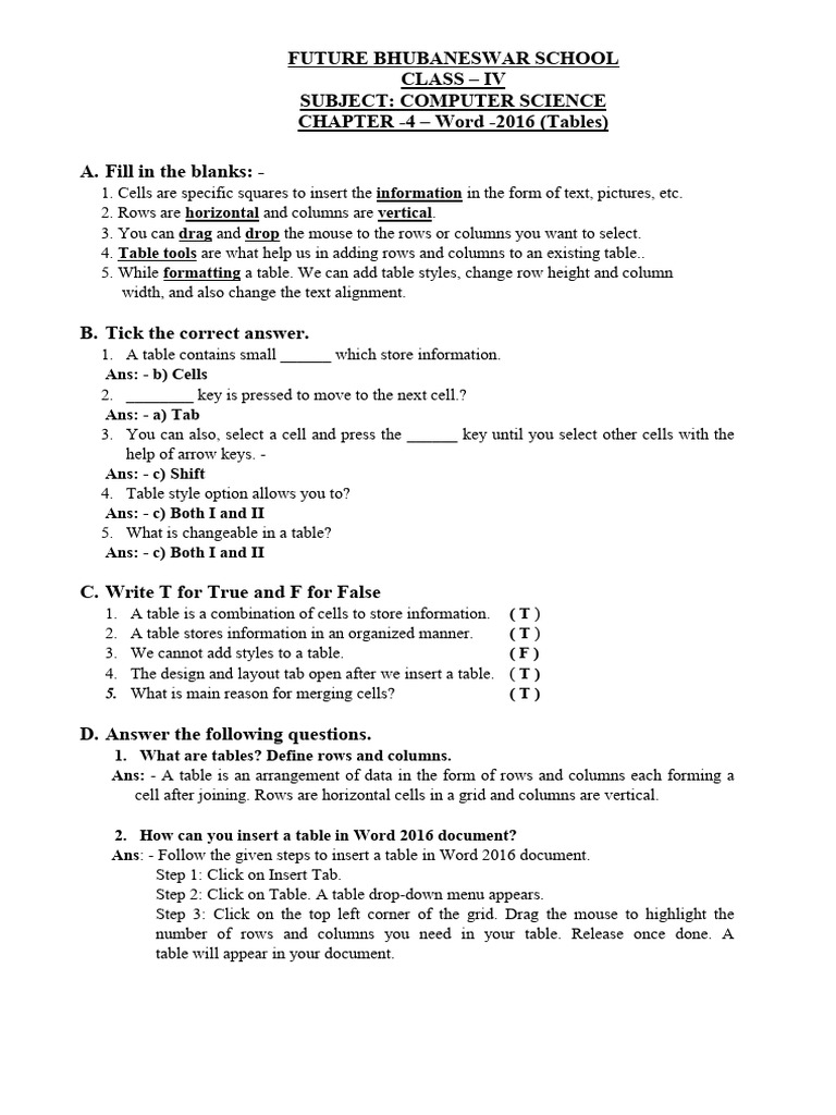 Class 4-Ch 4 - Word 2016-Tables | PDF | Computing