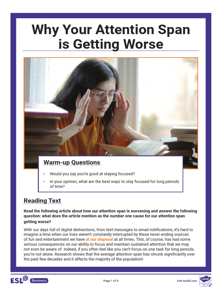 ESL Why Your Attention Span Is Getting Worse Reading Comprehension ...