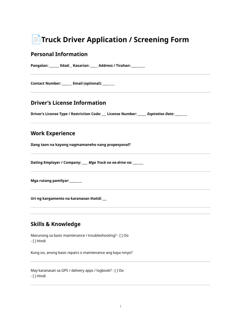 Truck Driver Application Screening Form | PDF