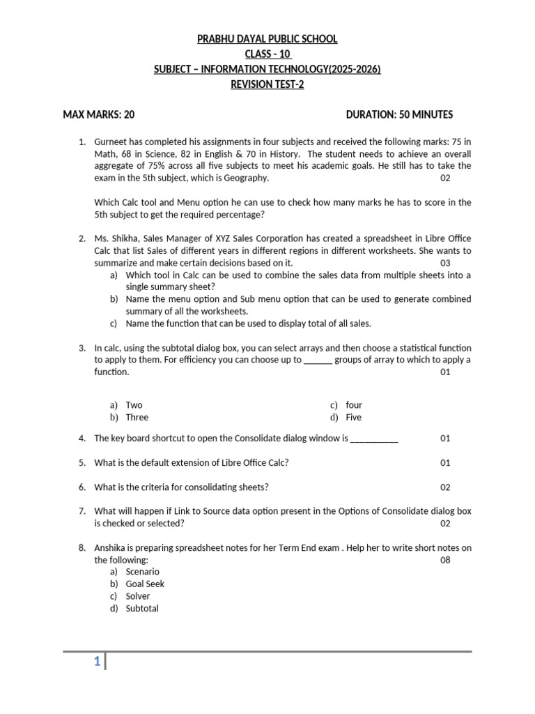 Class 10 Revision Test Paper 2 | PDF | Spreadsheet | Chess Theory