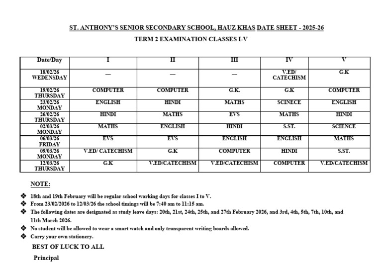 Primary Term 2 Examination Date Sheet 2025-26 | PDF