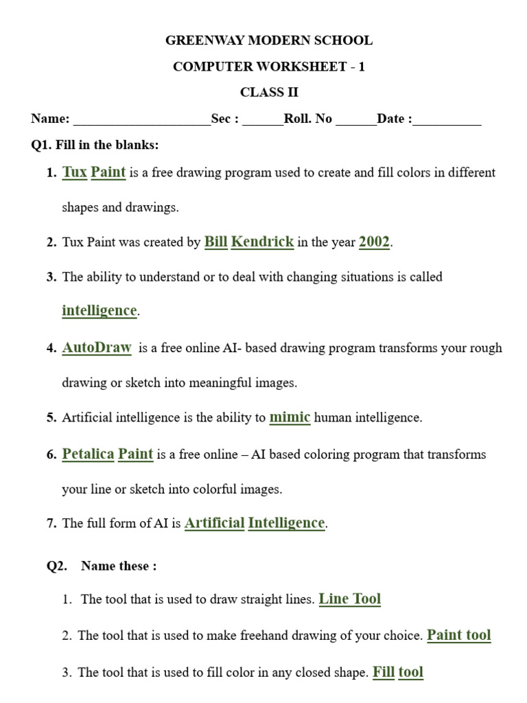Solved Class 2 Computer Worksheet - 1 | PDF