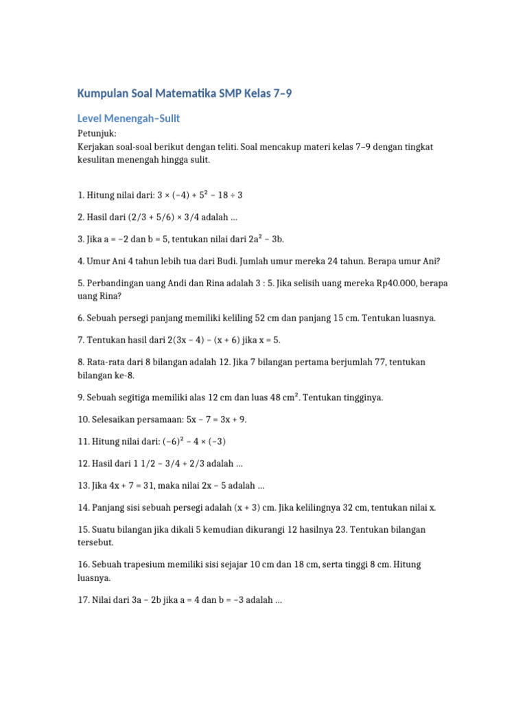 Kumpulan Soal Matematika SMP 40 Nomor Level Menengah Sulit | PDF