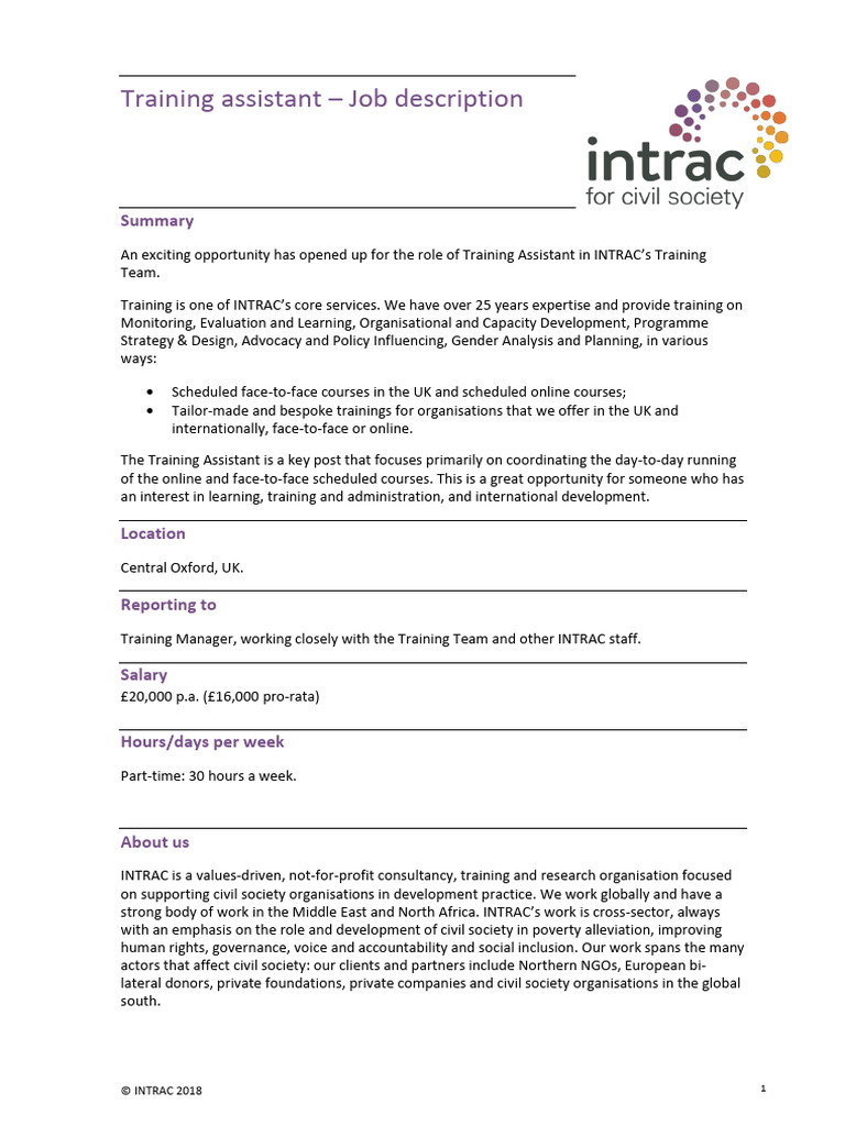 Training Assistant Job Description July 2018 | PDF | Non Governmental ...