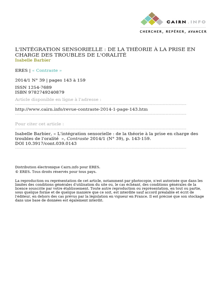L'Intégration Sensorielle (Troubles de L'oralité) | PDF | Sens ...