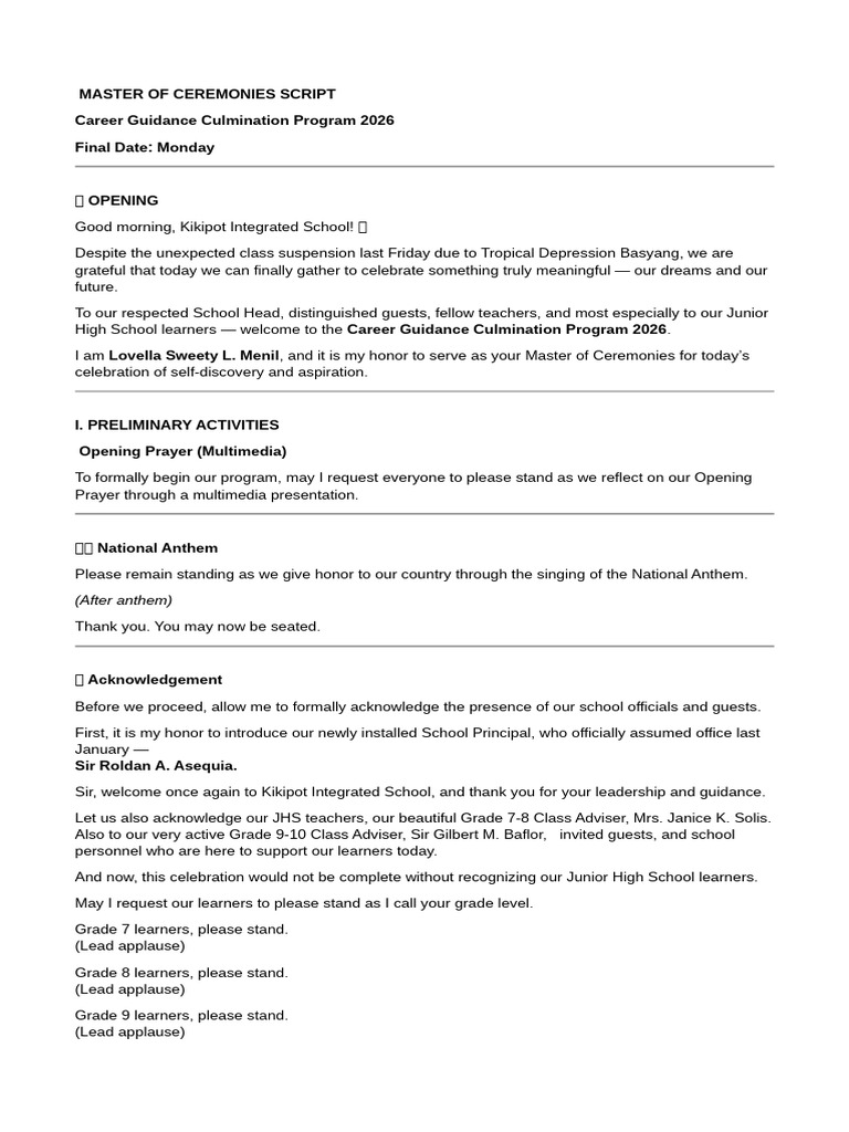 Master of Ceremonies Script - CGP | PDF