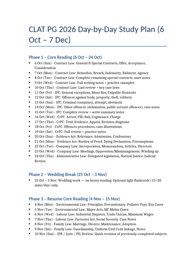 Clat Pg 2026 Study Plan | PDF | Justice | Crime & Violence