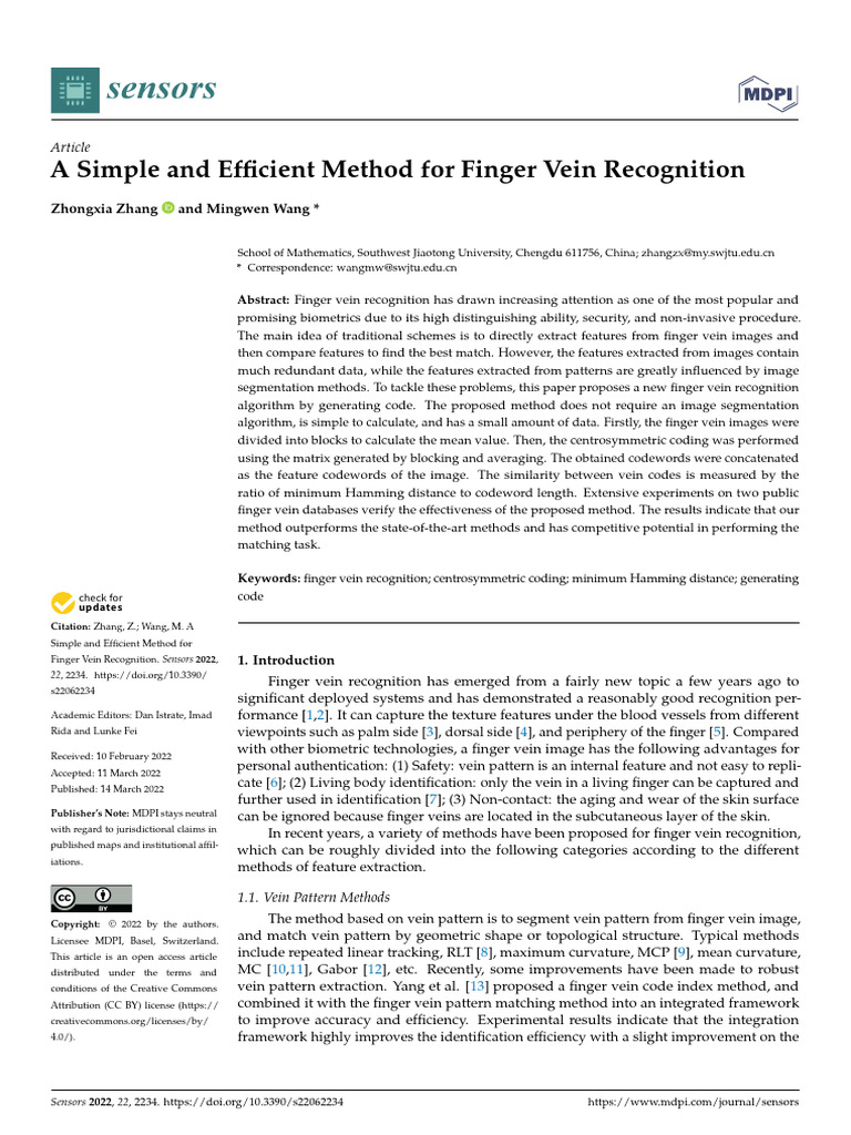 Sensors: A Simple and Efficient Method For Finger Vein Recognition ...