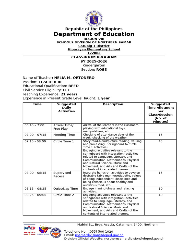 Sample Classroom Program for Kindergarten (1) | PDF | Teachers ...