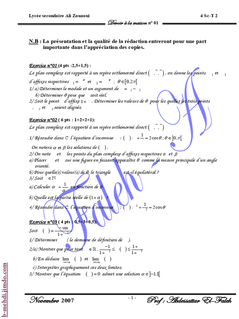 Devoir À La Maison N°1 - Math - Bac Tech (2007-2008) MR Abdessatar El ...