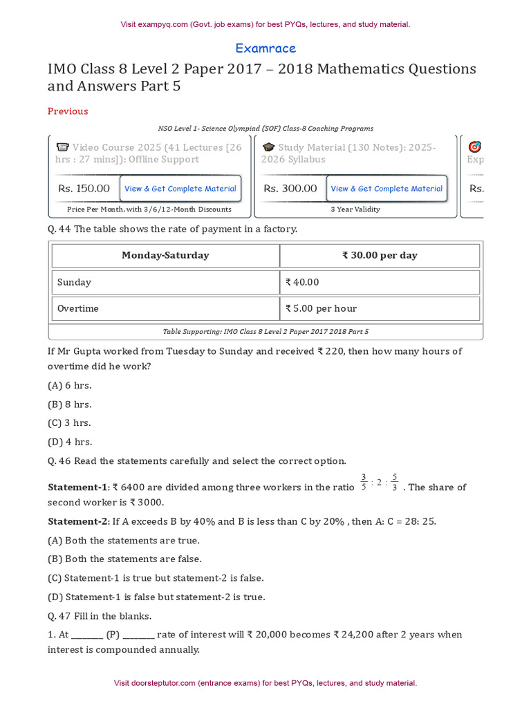 IMO Class 8 Level 2 Paper 2017 2018 Part 5 | PDF | Angle