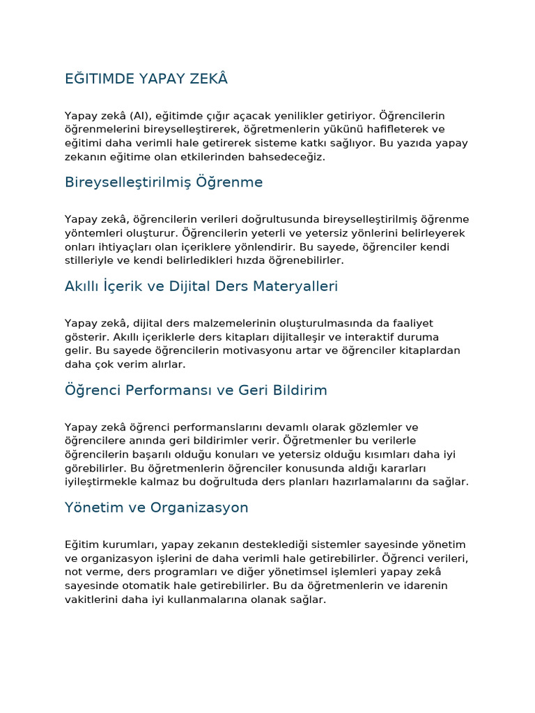 Yapay Zeka Ve Eğitim | PDF