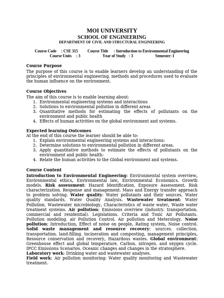 Cse 315 - Introduction To Environmental Engineering - Course Outline ...