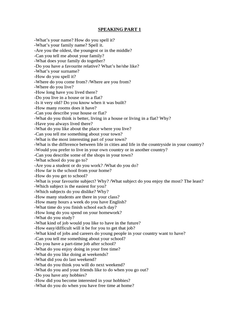 Questions Speaking Part 1 | PDF