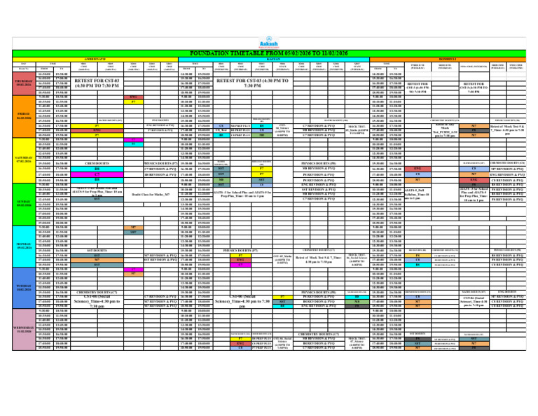 Foundation Time Table - 05-02-2026 To 11-02-2026 | PDF