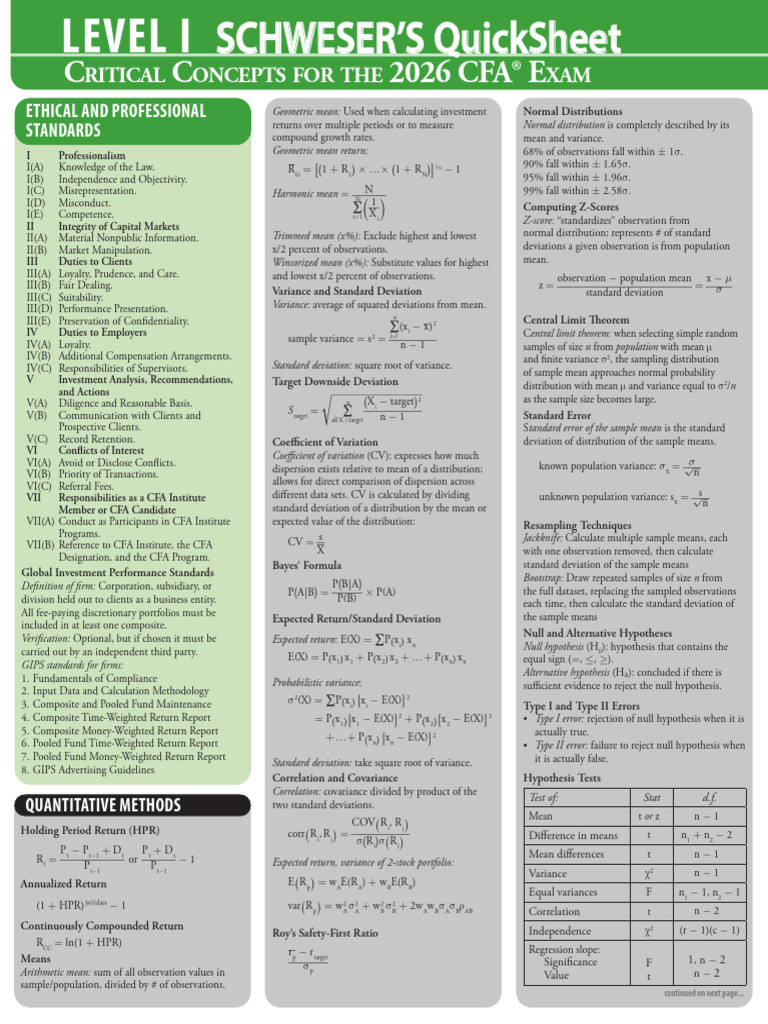 2026 CFA Level1 Schweserテキスト+QuickSheet CFA 2026 Level I Schweser Quicksheet | PDF | Variance | Standard
