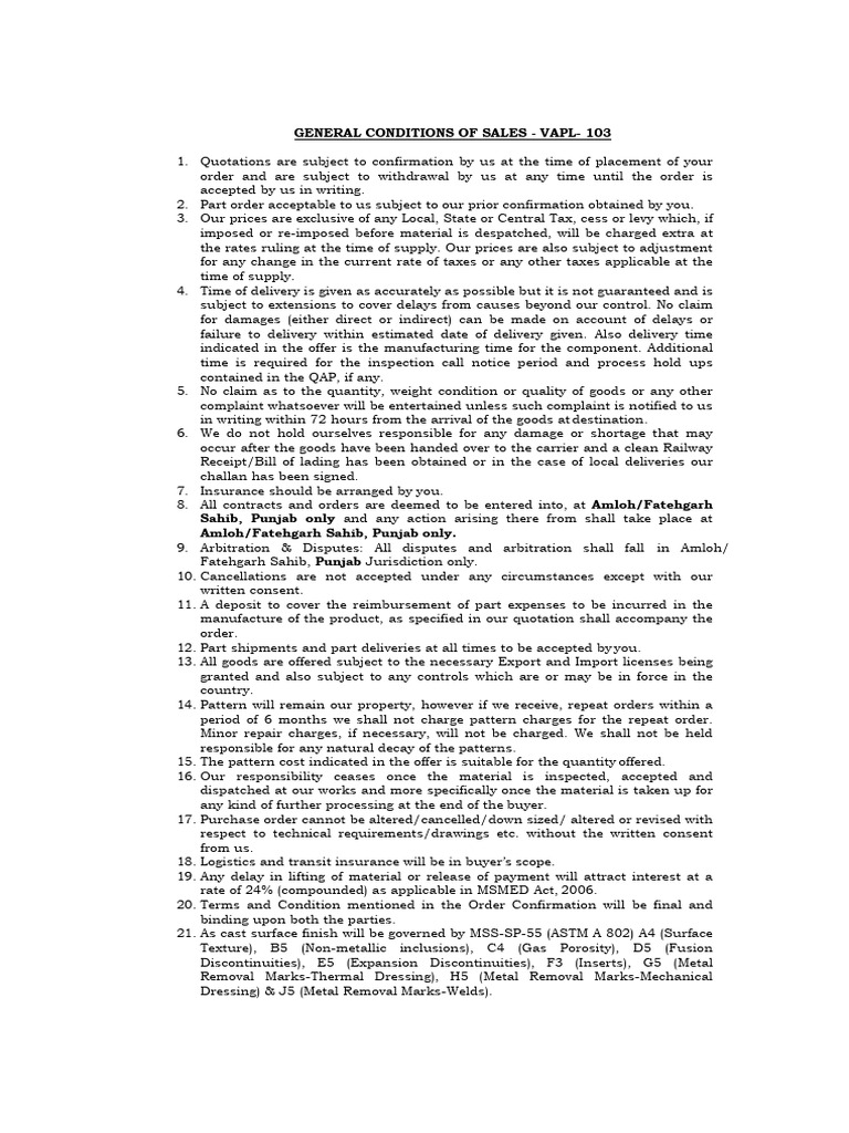 General Conditions Conditions of Sale-VAPL103.PDF Vimal Alloys | PDF ...