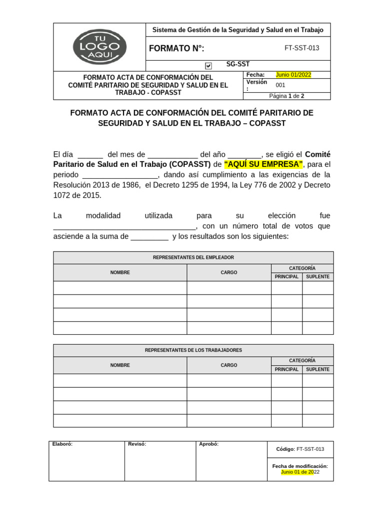 FT-SST-013 Formato de Acta de Conformación Del COPASST | PDF | Gobierno