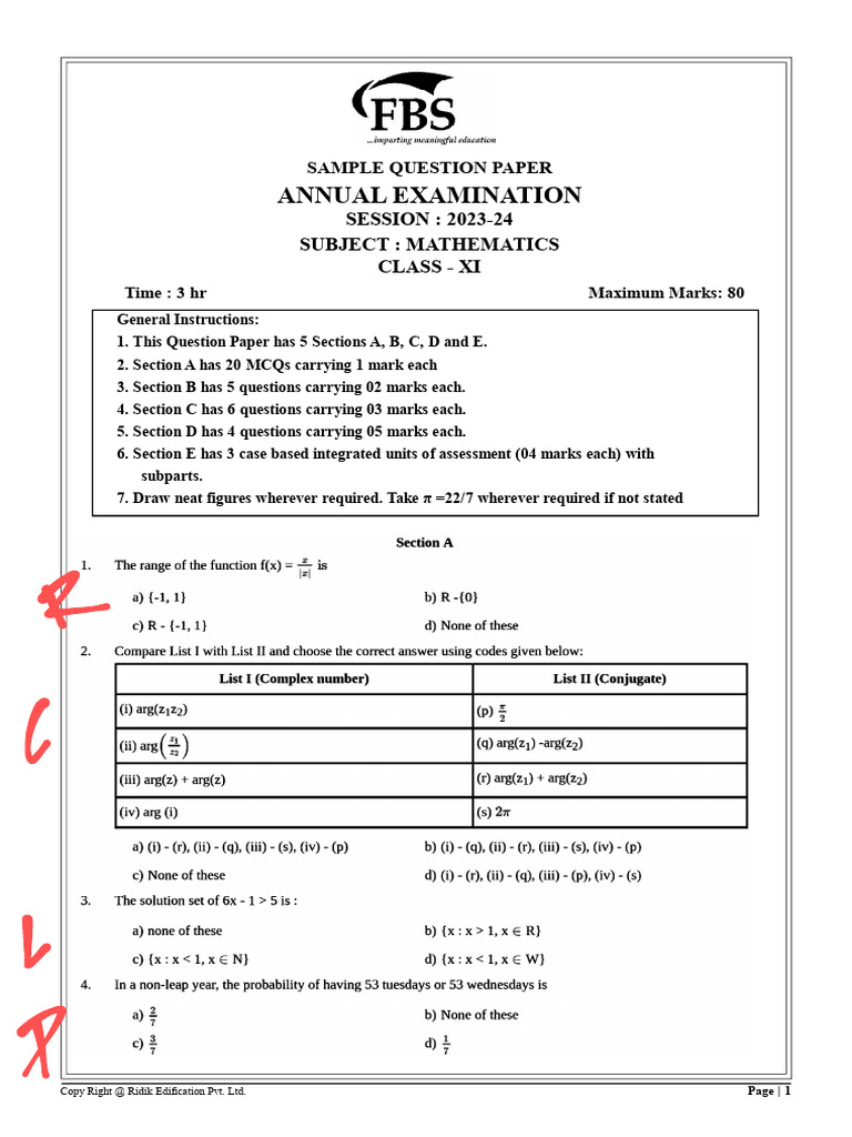Sample Paper For Annual Examination - Class - Xi - Fbs | PDF | Chess ...
