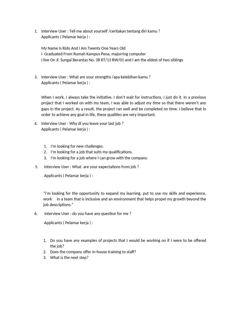 Rido's Homework English Interview Di Perbaikan , Thursday, 7-10-21 | PDF