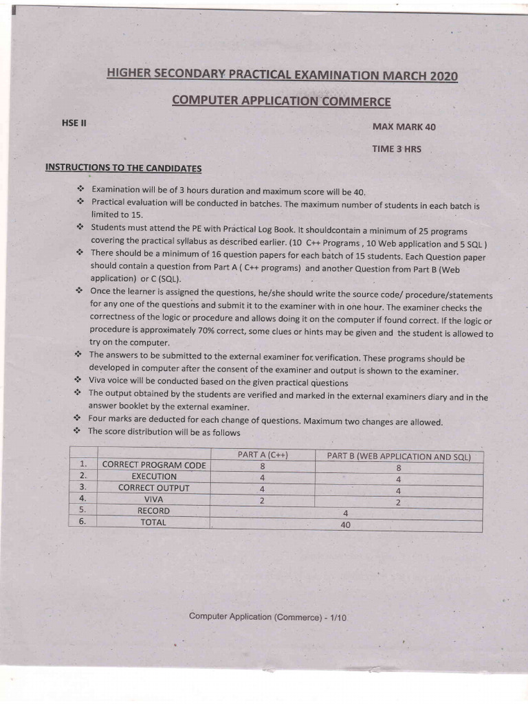 Plus Two Computer Applications (Commerce) Practical Question Paper 2020 ...