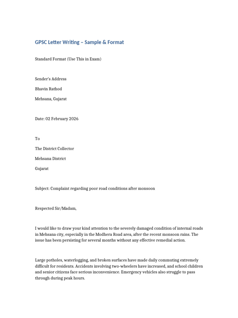 GPSC Letter Writing Sample | PDF