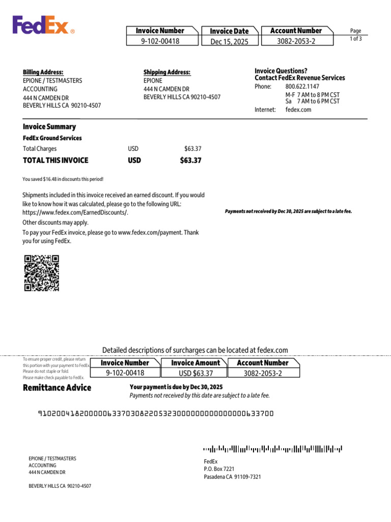 $63.37 of $204.54 FEDEX Epione Postage and Deliveries 12-19-8007 | PDF ...