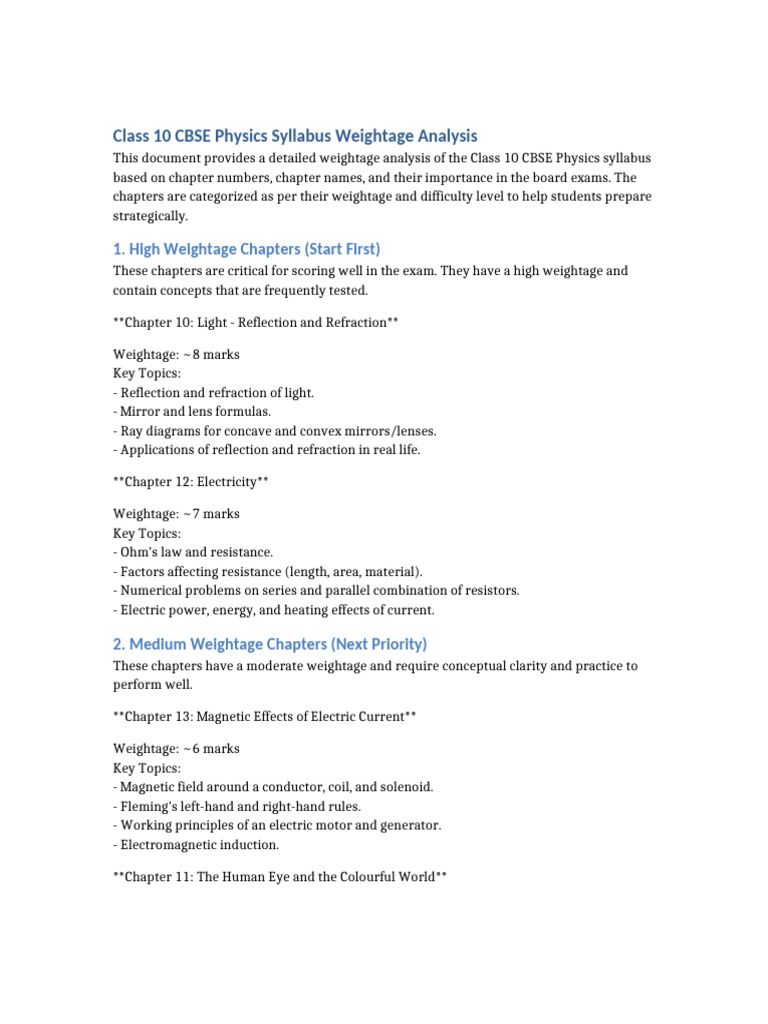 Class 10 CBSE Physics Weightage Analysis | PDF | Light | Electricity