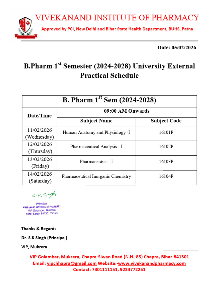 Practical Schedule For B Pharm 1st Sem 24-28 | PDF
