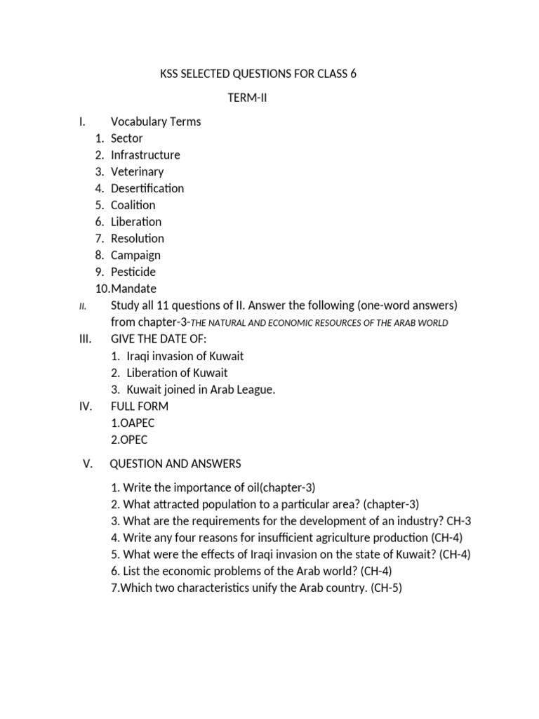 Questions For Class 6-Term-2 | PDF