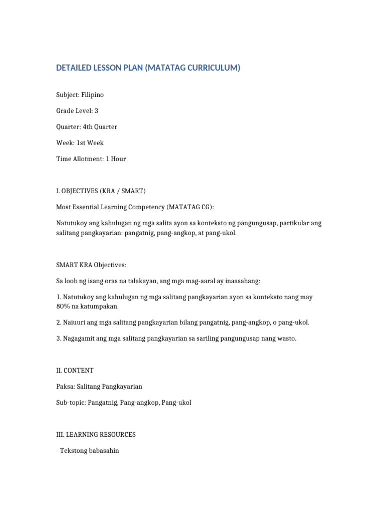 Grade 3 Filipino MATATAG Lesson Plan | PDF