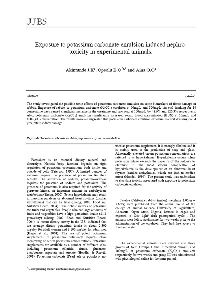 Exposure To Potassium Carbonate Emulsion Induced N | PDF | Potassium ...
