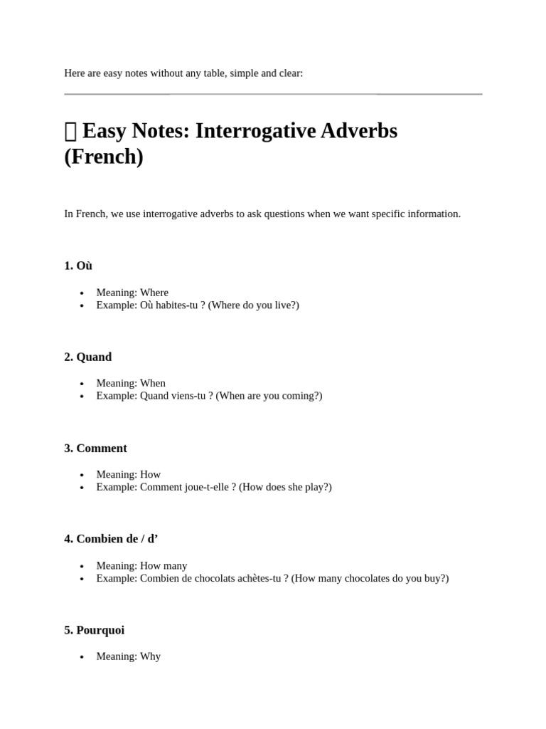 Easy Notes: Interrogative Adverbs (French) | PDF