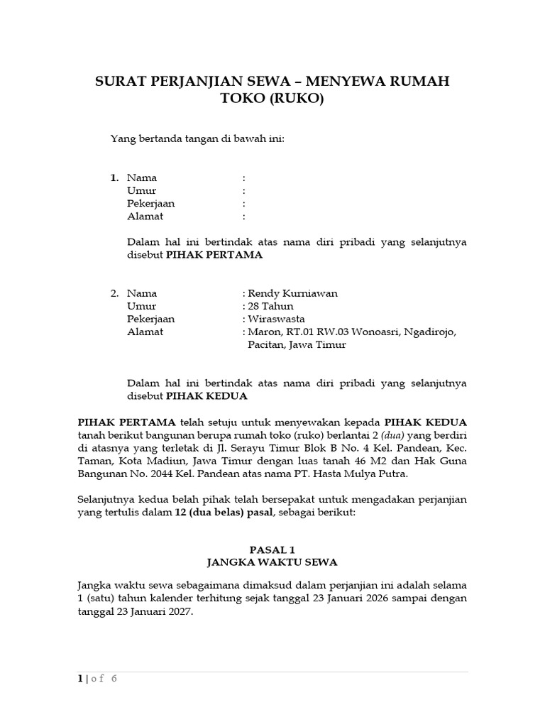 Surat Perjanjian Sewa Ruko | PDF