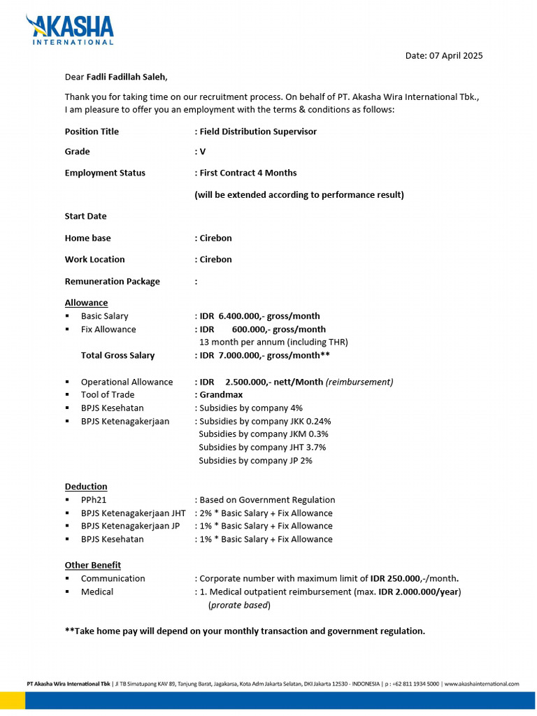 Offering Letter - Fadli FAS CIREBON | PDF | Salary | Labor