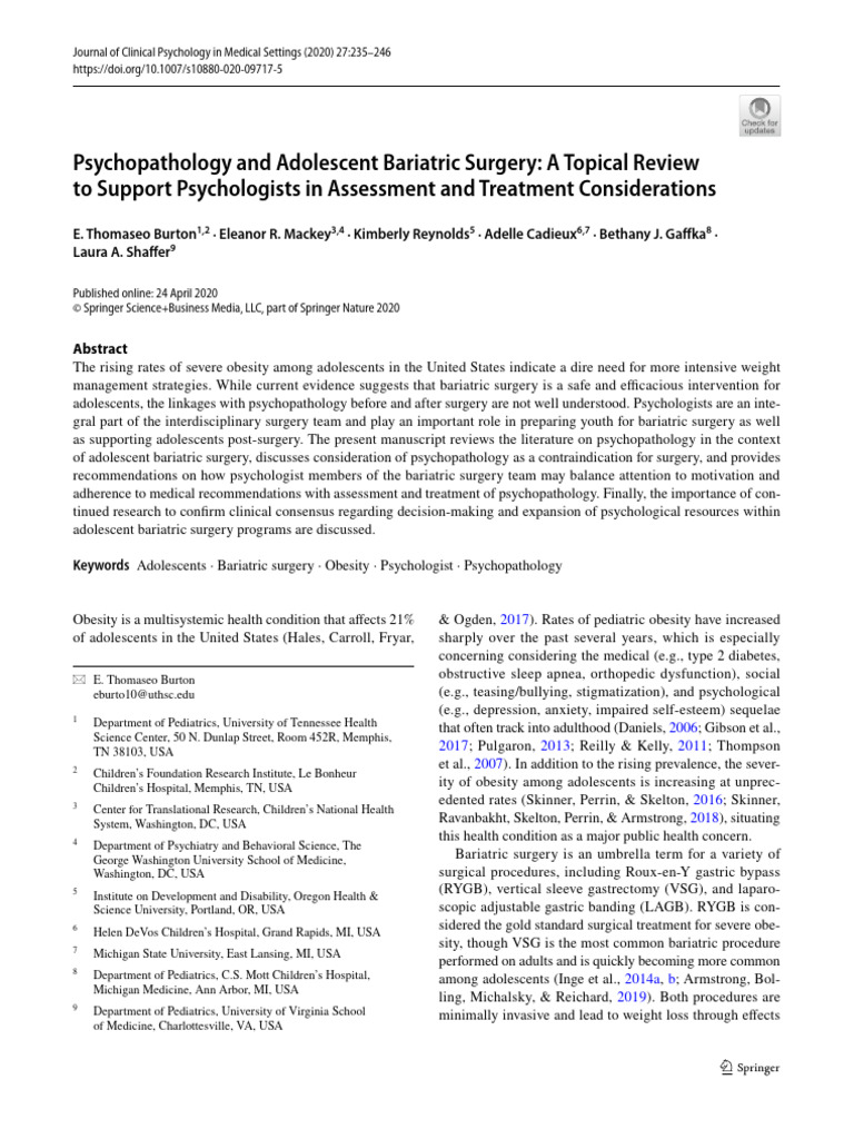 Psychopathology and Adolescent Bariatric Surgery A Topical Review | PDF ...