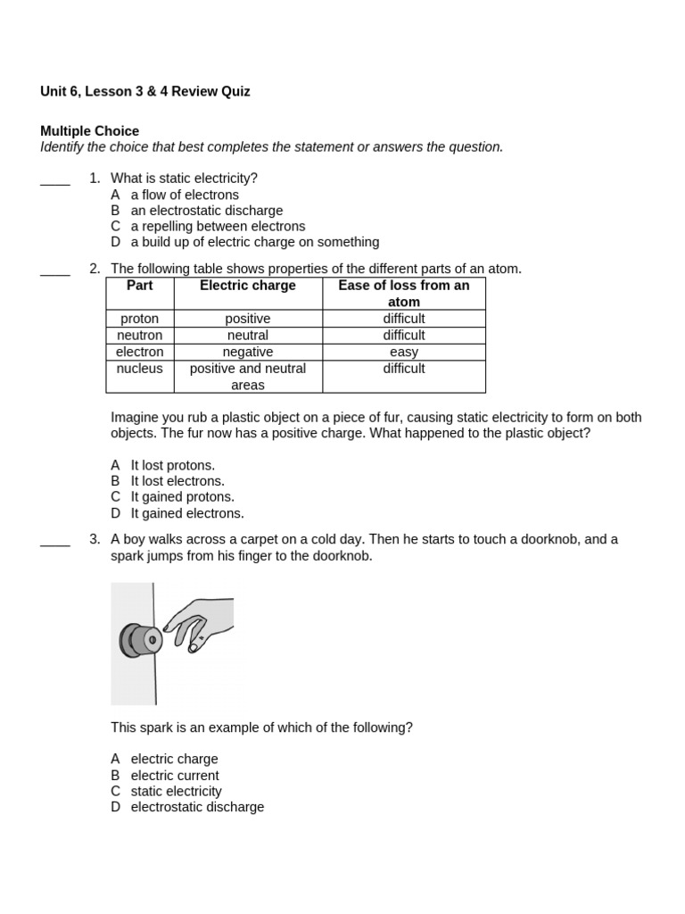 Unit 6 Lesson 3 and 4 Review Quiz | PDF | Electric Charge | Electron